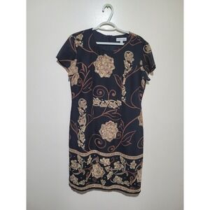 Patricia Jones Womens Black Floral Print Short Sleeve‎ Sheath Dress Size 10